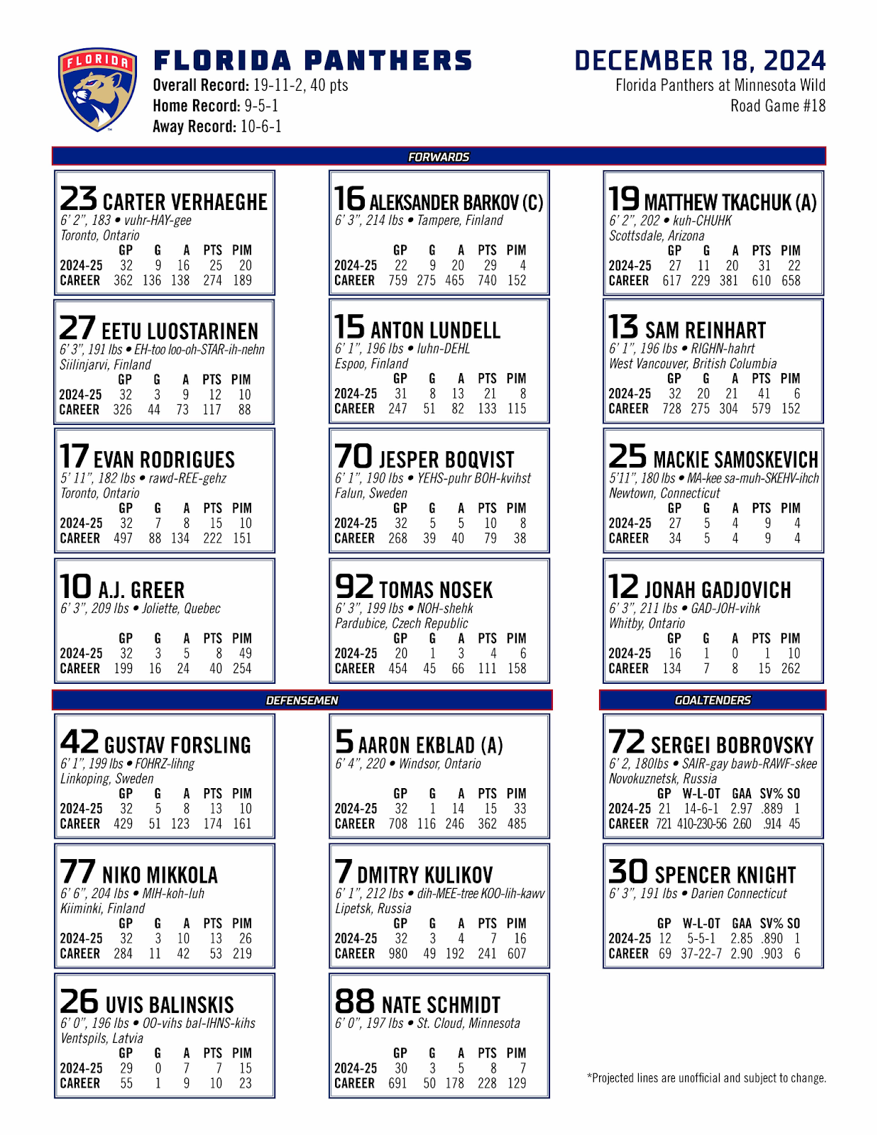 Florida Panthers Lineup at the Minnesota Wild from December 18th, 2024