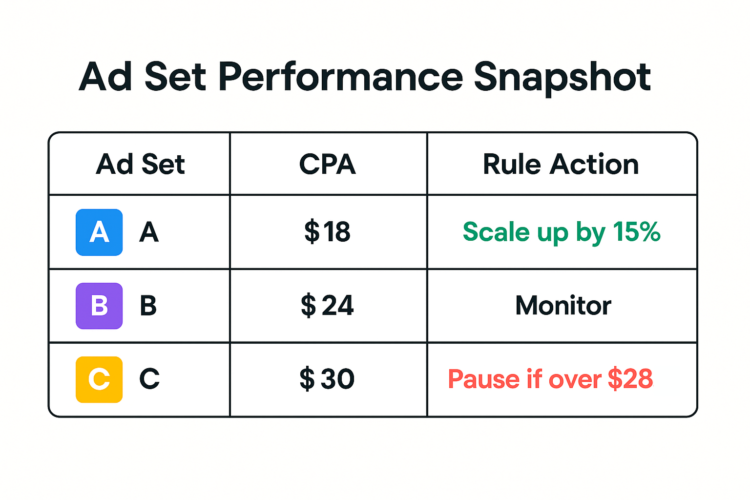 Table comparing Ad Set A, B, and C by CPA and rule actions like scaling, monitoring, or pausing based on performance