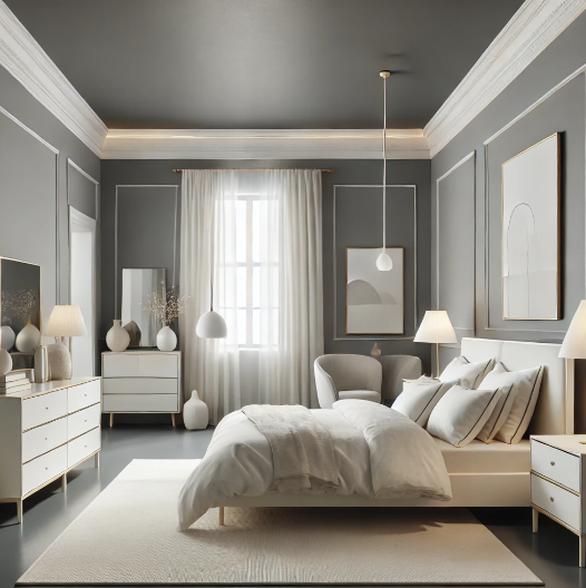 Modern and sophisticated bedroom with a minimalist grey and white color scheme.
