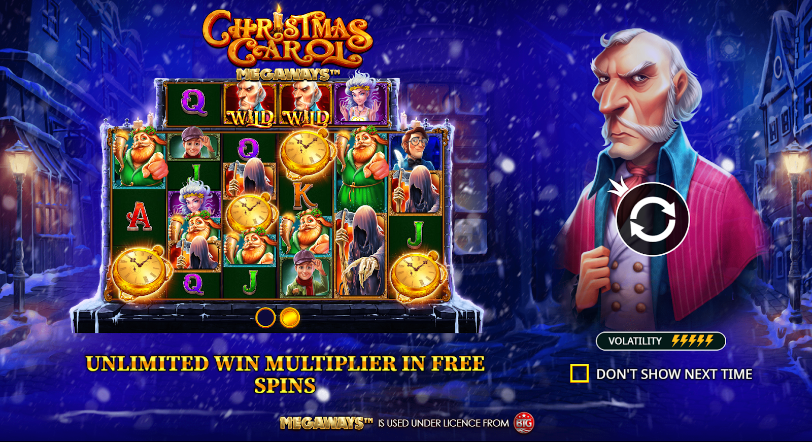 Christmas Carol Megaways title screen. 