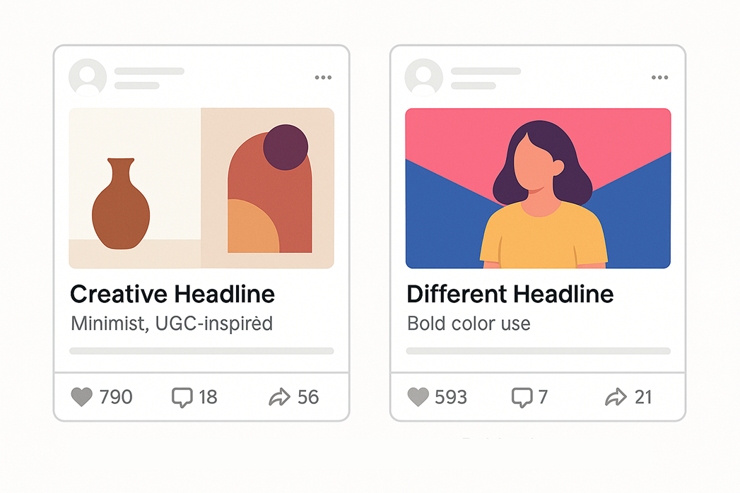 Two social media post mockups showing different headlines and engagement metrics to compare organic content performance before running ads