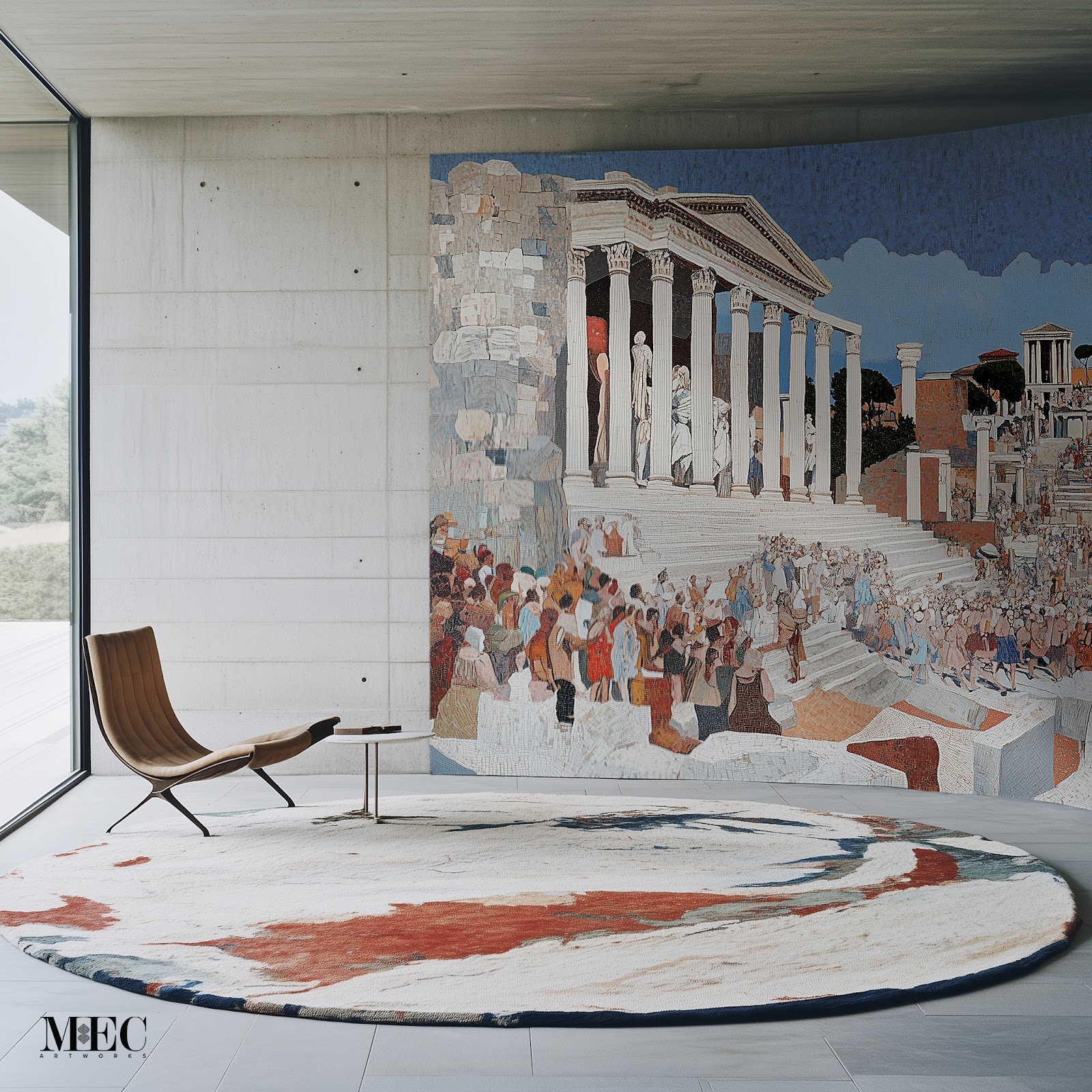 Modern interior with Roman forum mosaic mural depicting ancient architecture and crowd scene in detail.