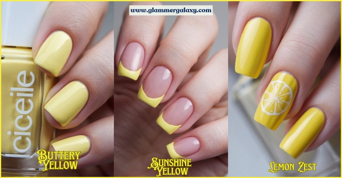 Three images showcasing yellow nail polish designs with a lemon accent on one nail.