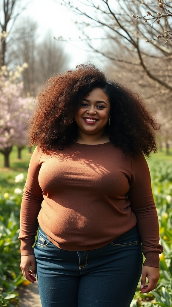 A woman with a curly shag haircut smiling in a spring setting, surrounded by blossoming trees and greenery.