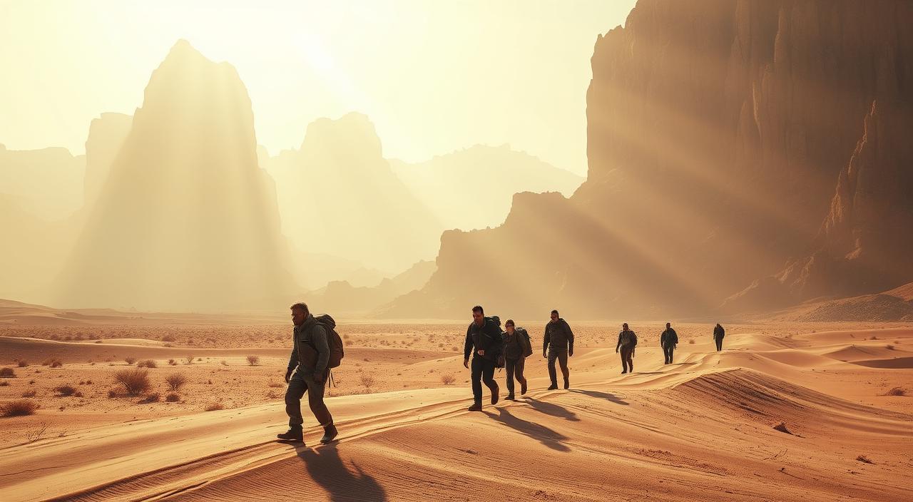 A vast, sun-drenched desert landscape, with rugged, towering rock formations in the background. In the foreground, a team of &amp;amp;quot;Adventure Travel&amp;amp;quot; explorers navigates the arid terrain, their weathered faces etched with determination. Rays of warm, golden light filter through the hazy atmosphere, casting a serene, otherworldly glow over the scene. Sweeping, cinematic angles capture the scale and grandeur of the wilderness, as the explorers trek across the undulating dunes, their silhouettes framed against the endless horizon.