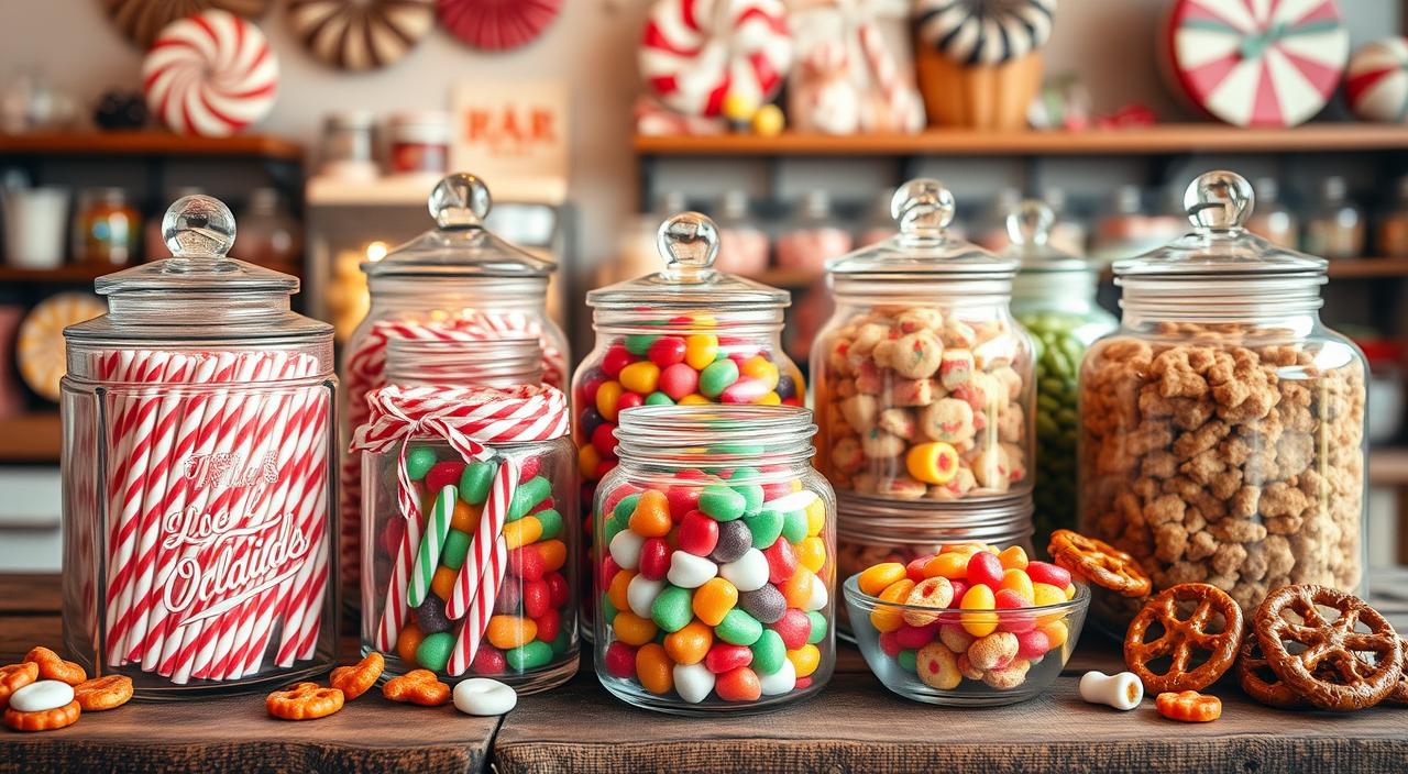 A vibrant display of nostalgic old-fashioned candies, featuring colorful glass jars filled with classic sweets like striped peppermint sticks, gummy bears, and chocolate-covered pretzels, set against a rustic wooden table with soft warm lighting and a backdrop of vintage candy shop decor.