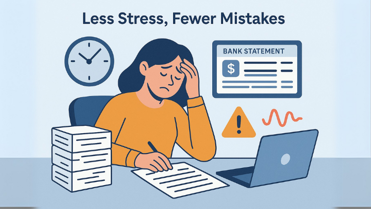 Stressed bookkeeper surrounded by paper clutter, contrasted with organized digital workflows enabled by automated document retrieval.