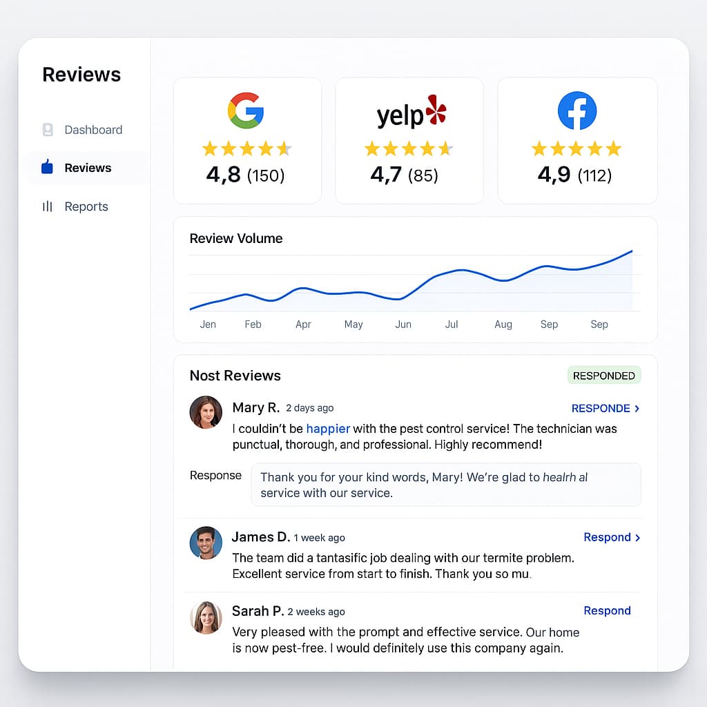 Digital marketing dashboard showing pest control reviews across multiple platforms for effective review management and SEO.