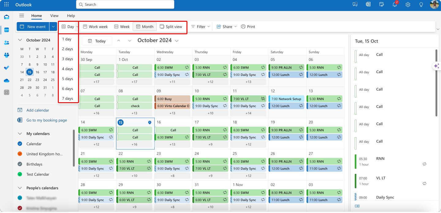 Switching between different calendar views in Outlook for the web. 