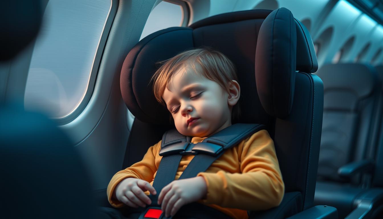 Child safely sleeping in car seat during flight