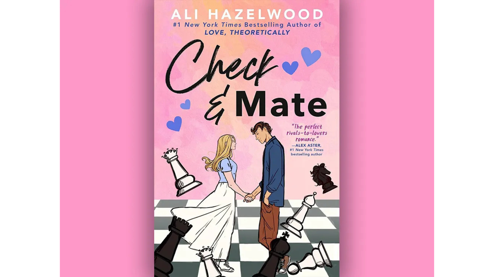 The cover of Check & Mate by Ali Hazelwood, featuring a couple holding hands on a chessboard with scattered chess pieces.