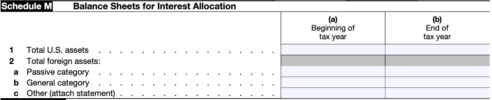 A screenshot of Schedule M: Balance Sheets for Interest Allocation on Form 8865.