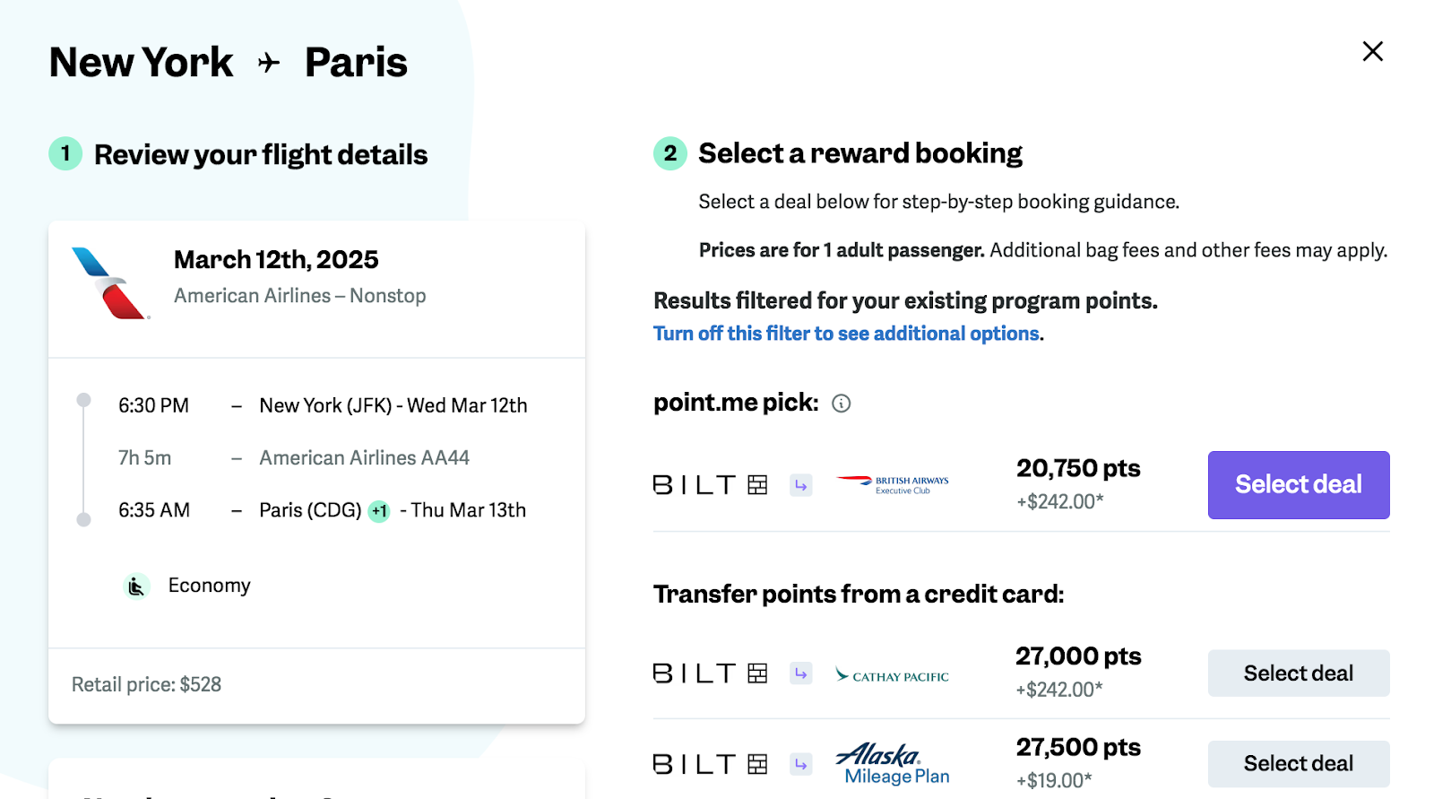 screenshot of search from NYC to Paris with screen showing Bilt points fares