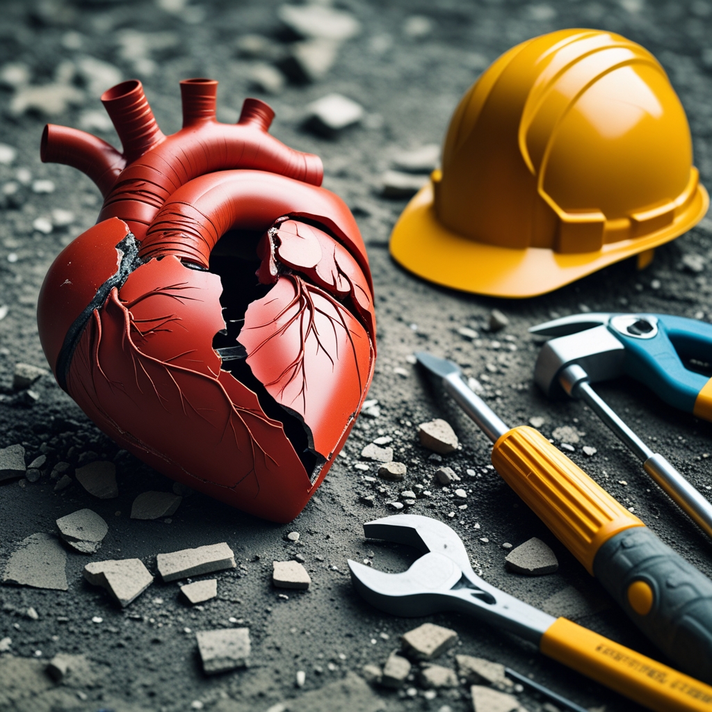 A broken heart on the ground with construction tools next to it—ready to rebuild