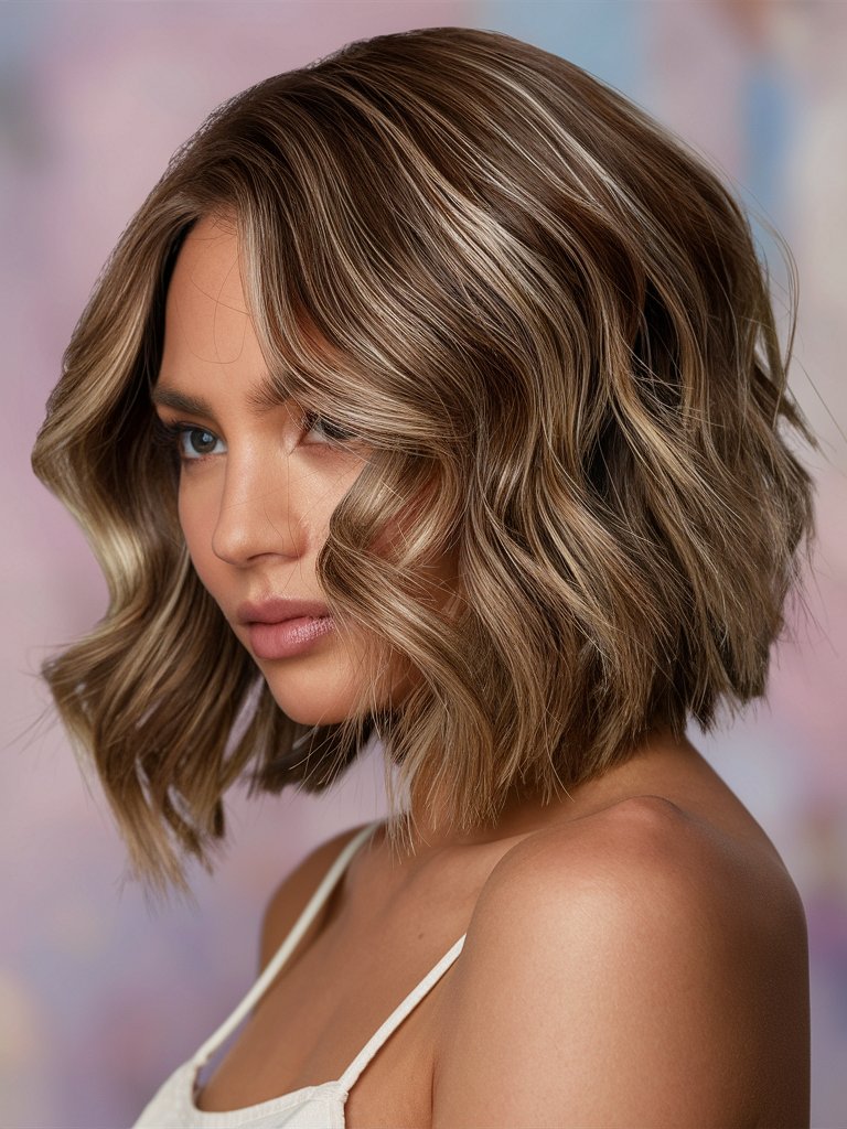 45. Shimmery Highlights in Wavy Bob