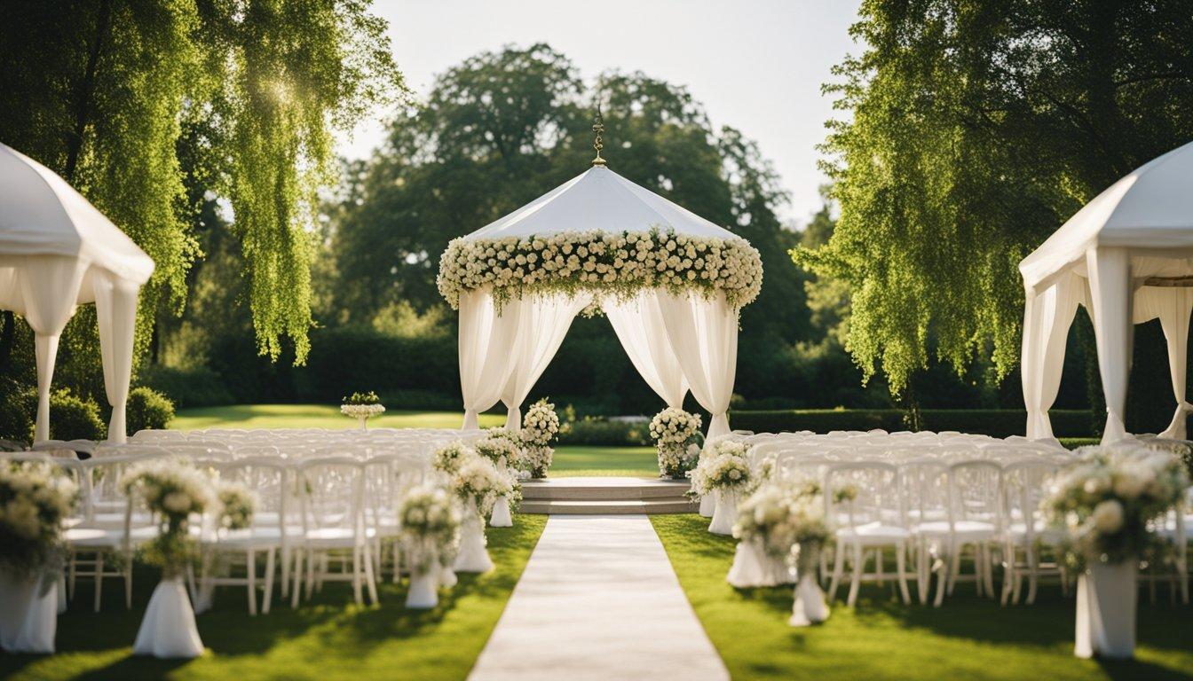 A sunny outdoor wedding venue with blooming flowers and a gazebo contrasts with an elegant indoor venue with chandeliers and draped curtains