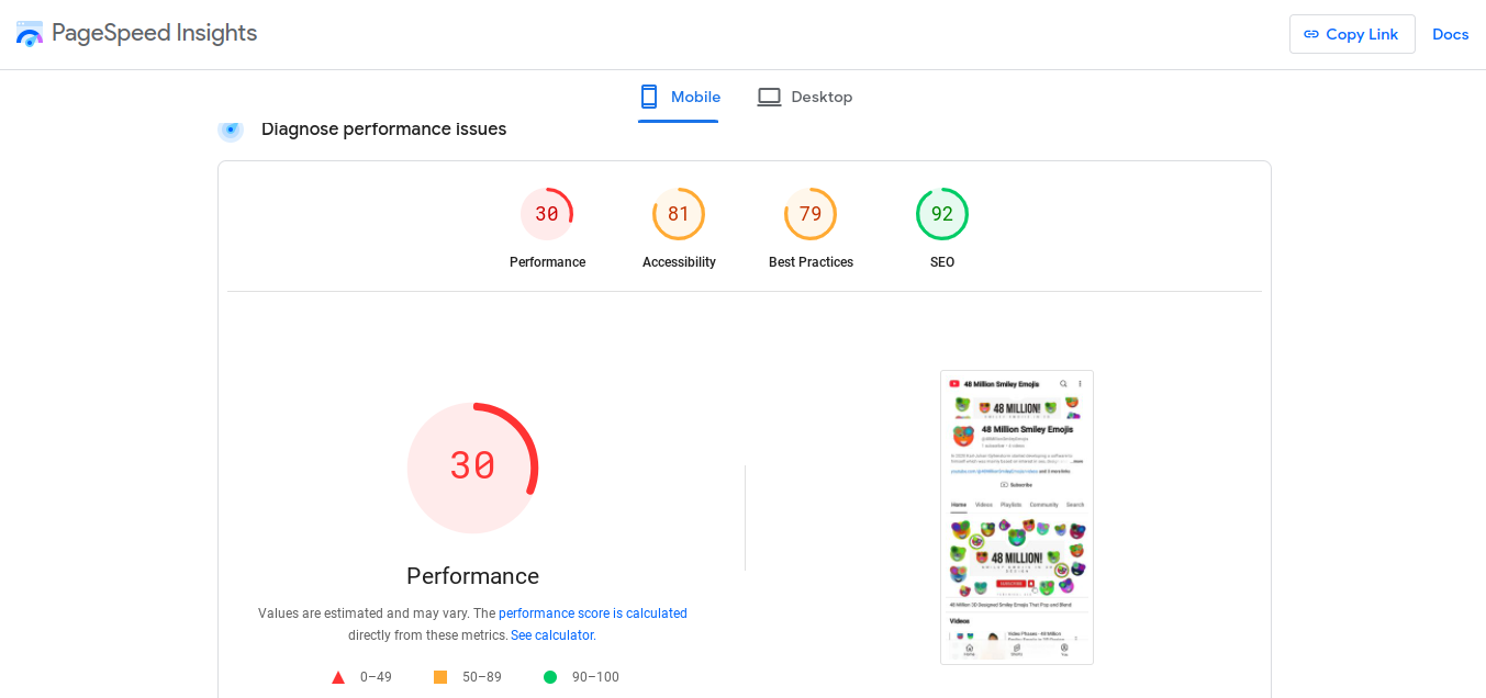 Youtube channel metric “Performance” for mobile shows a value of 30/ 100 in PageSpeed ​​Insights. 