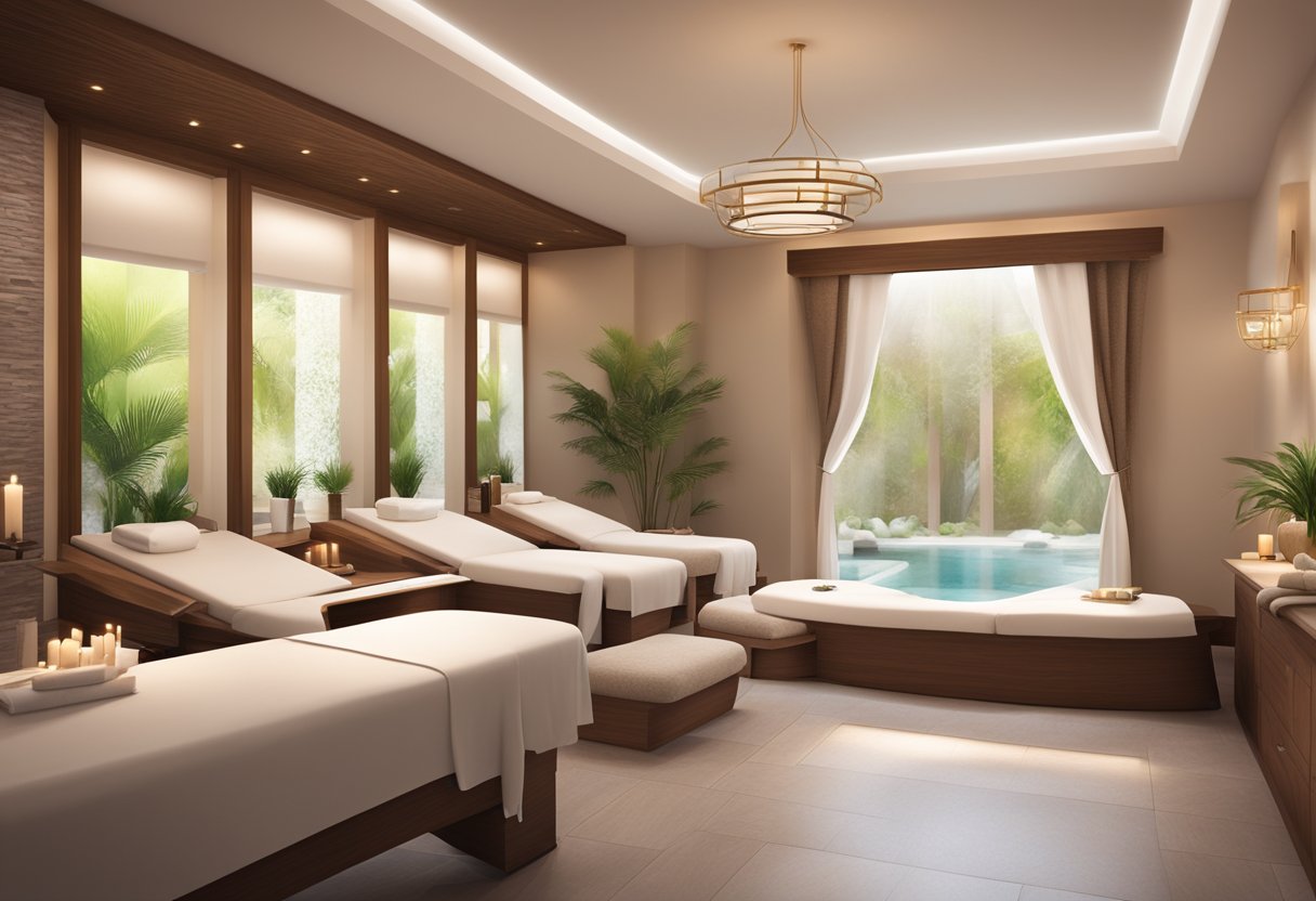 A serene spa setting with various treatment rooms, relaxation areas, and calming decor. A reception desk with brochures and a menu of spa packages