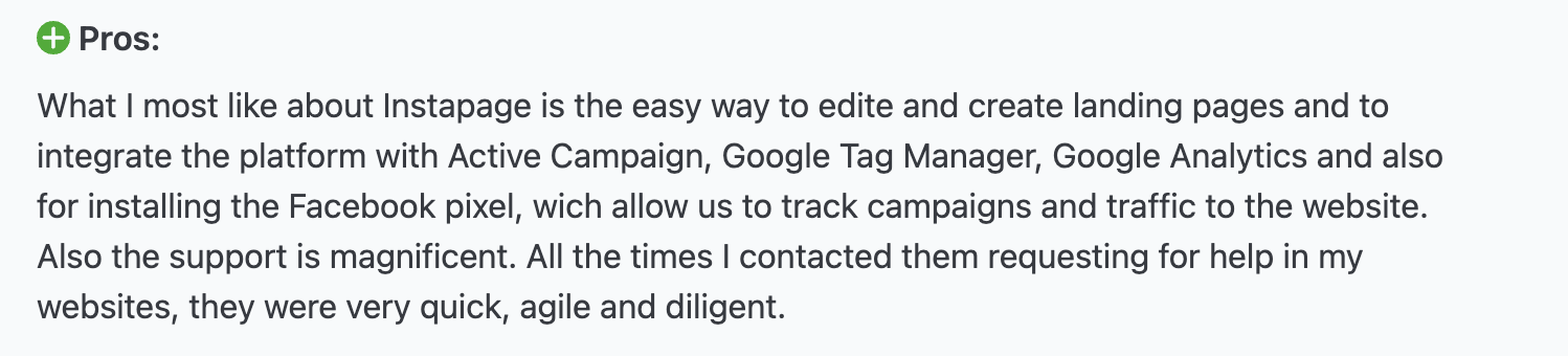 Screenshot of a user review for Instapages' integrations 
