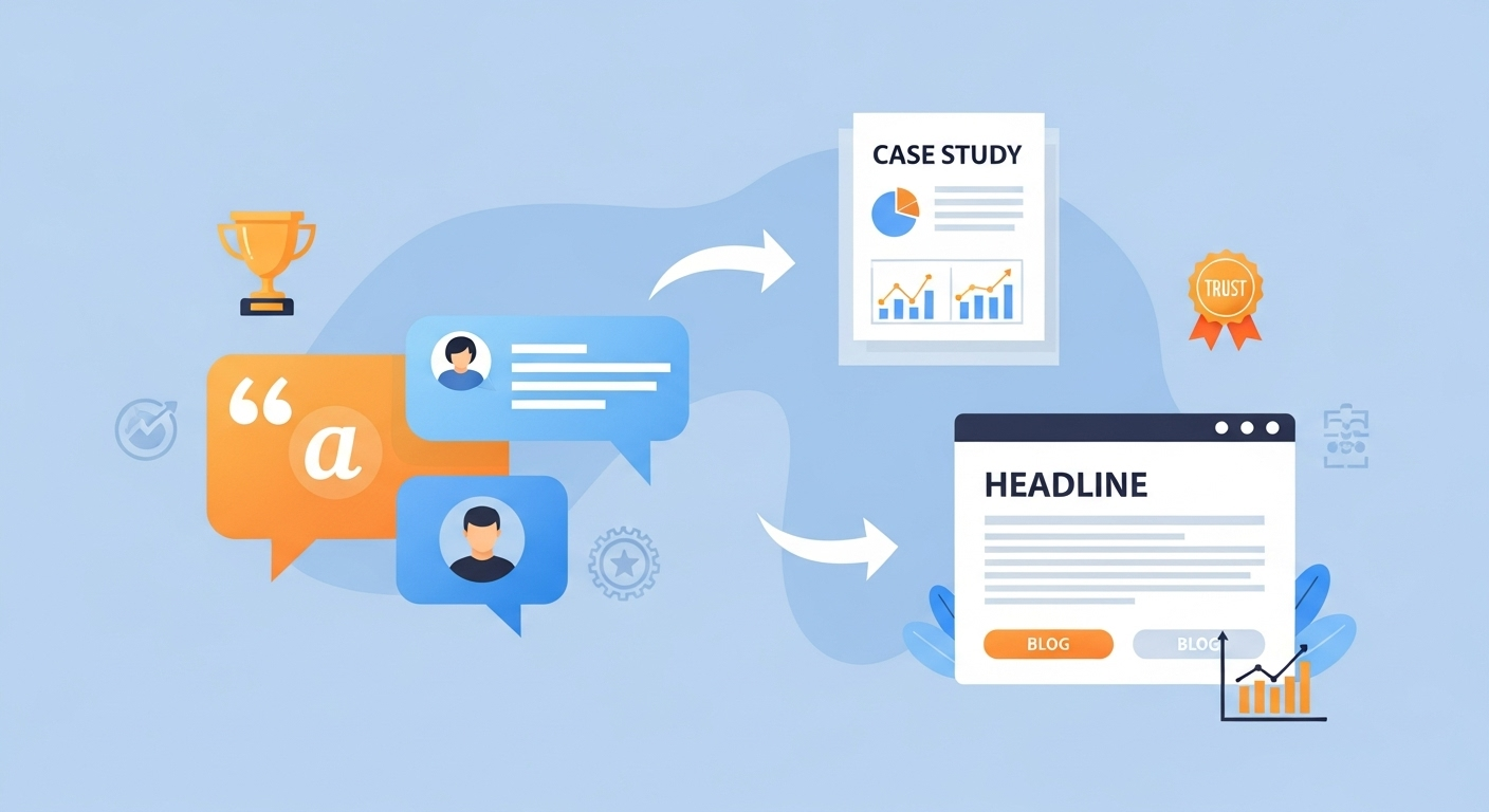 "Illustration showing a customer testimonial being transformed into a case study and a professional blog post, representing credibility and strategic content marketing."