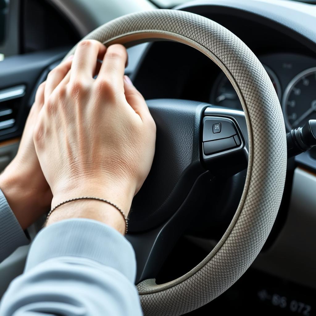 Person gripping a steering wheel cover with enhanced grip texture