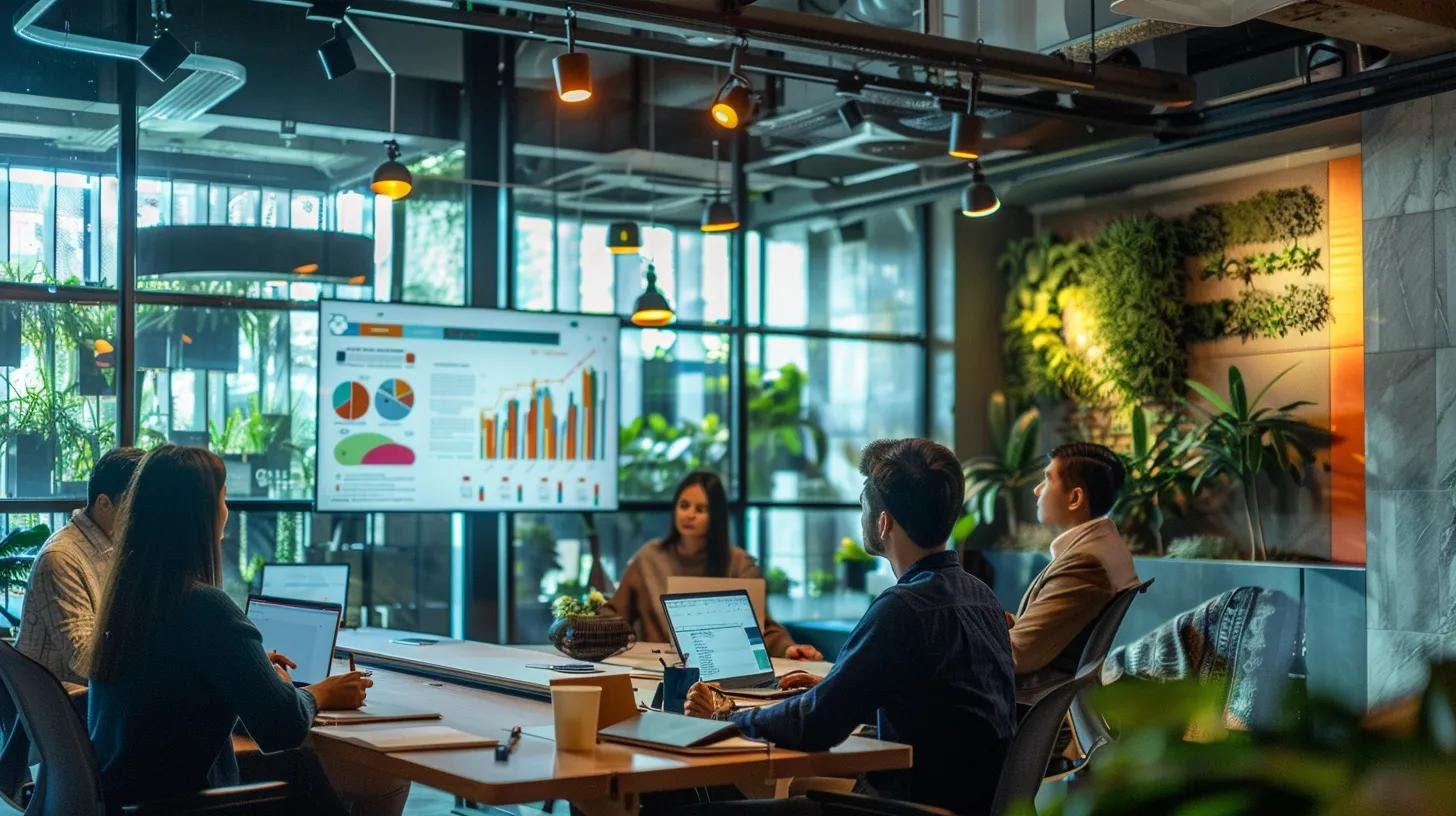 a dynamic office interior showcases a team of professionals engaged in a strategic brainstorming session, surrounded by vibrant visuals and charts, reflecting the essence of effective brand narrative techniques tailored for the playas del coco community.