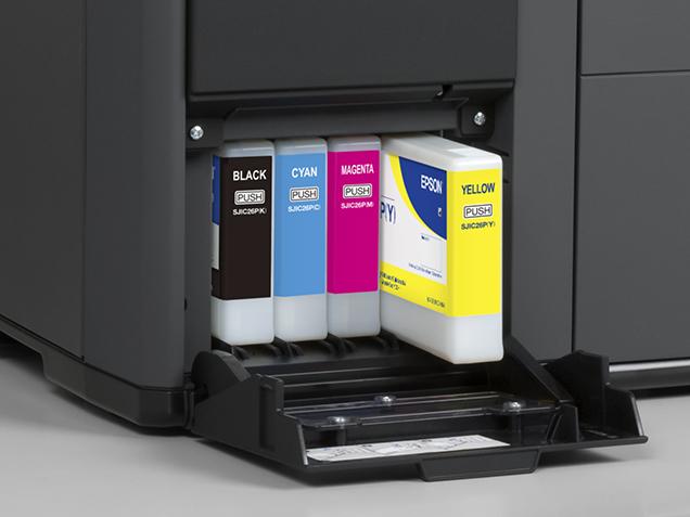 Close-up of Epson C7500 ink cartridges inside the printer