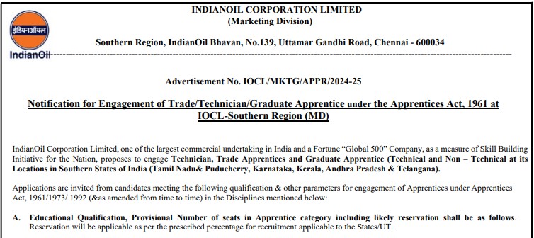 IOCL Technician Apprentice Recruitment 2024 | आईओसीएल तकनीशियन अपरेंटिस भर्ती 2024