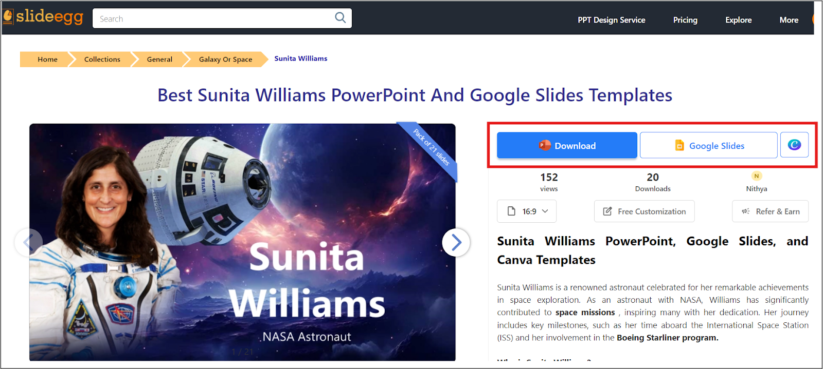 The Best Sunita Williams Theme Template in SlideEgg with Download in PowerPoint, Google Slides, & Canva options highlighted.  