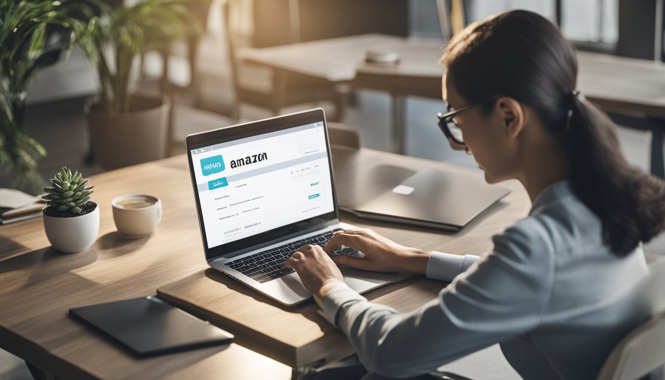 A person using a laptop to manage their Amazon individual seller account, while considering the benefits of upgrading to a professional account