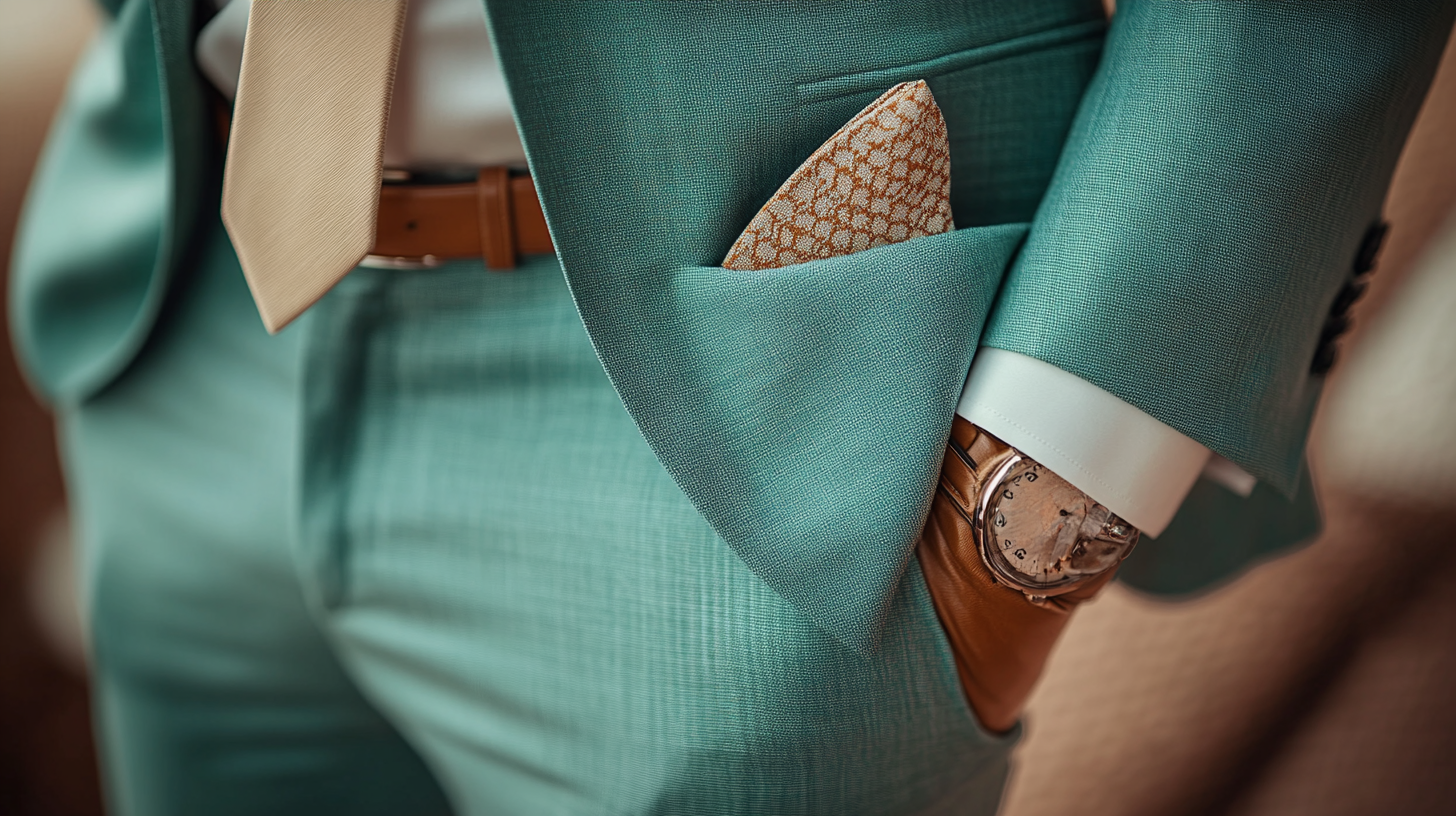 Close-up of a tailored mint green suit with a soft pastel tone, paired with a cream dress shirt and a light beige tie. The suit's fabric has a smooth texture, emphasizing elegance and balance, perfect for fair skin tones. Styled with a minimalist pocket square and polished tan leather shoes, the ensemble creates a fresh and subtle look. The background is softly lit with natural hues, enhancing the soft green shade and complementing the outfit's understated sophistication.