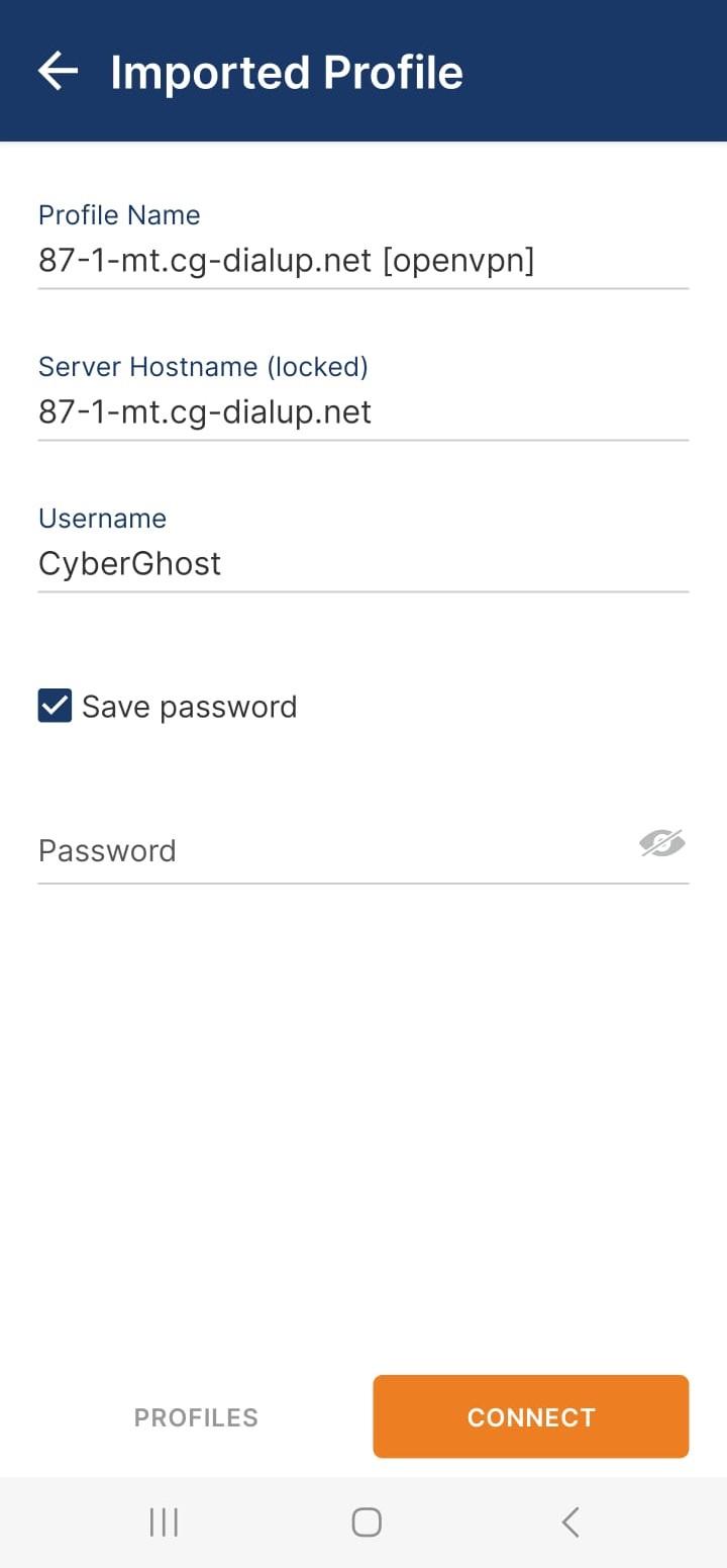 OpenVPN Connect Android app's credentials screen.