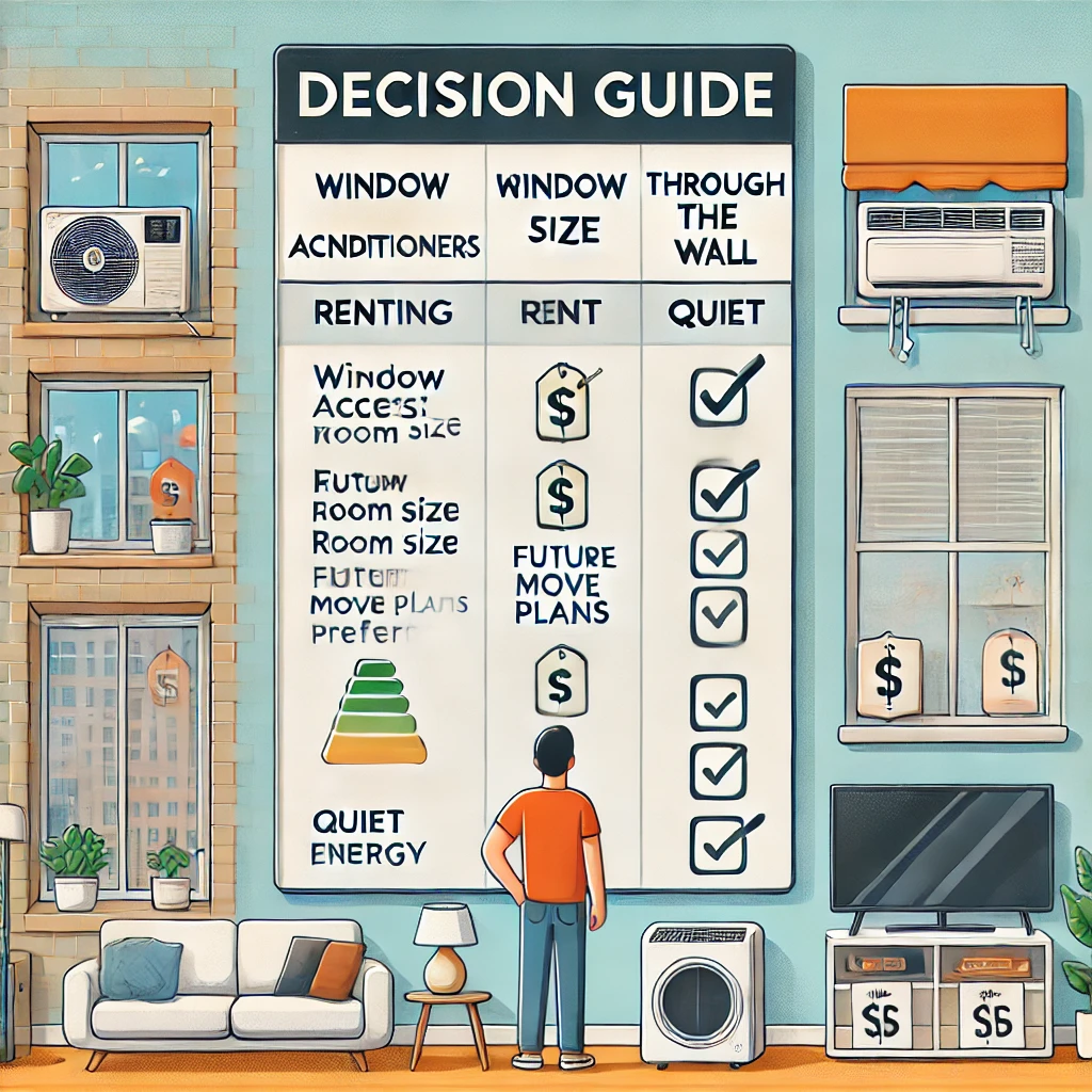 Decision flowchart guiding users between window vs wall AC based on renter status, room size, and budget.