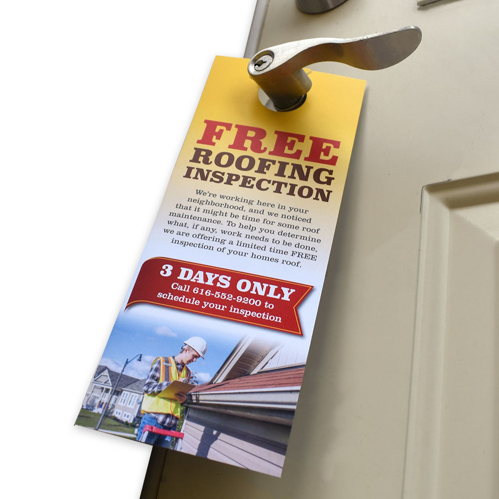 Door hanger marketing example offering a free roofing inspection.