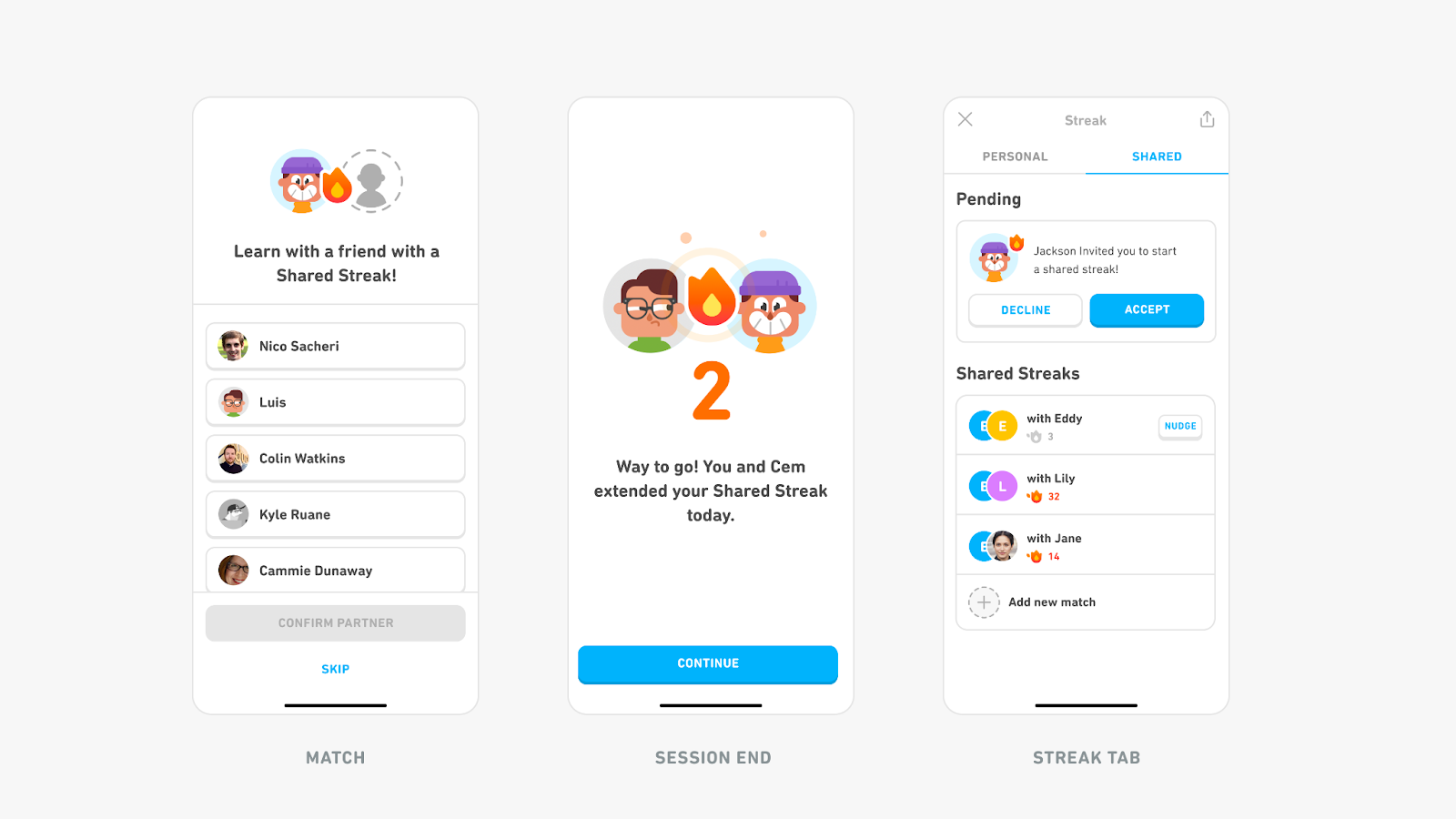 3 early prototype screens of Friend Streak, showing earlier visual differences. The early screens call it a “Shared Streak” instead of a Friend Streak, don’t use the Lily avatar, and have less “fire” iconography.