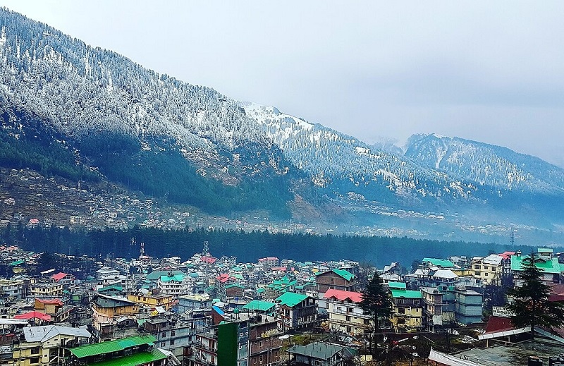 Scenic view of Manali, Himachal Pradesh, with snow-capped mountains, lush green valleys, and a river flowing through the town.