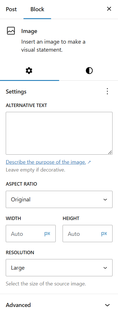 The image block’s default Inspector Panel options are seen in the sidebar.