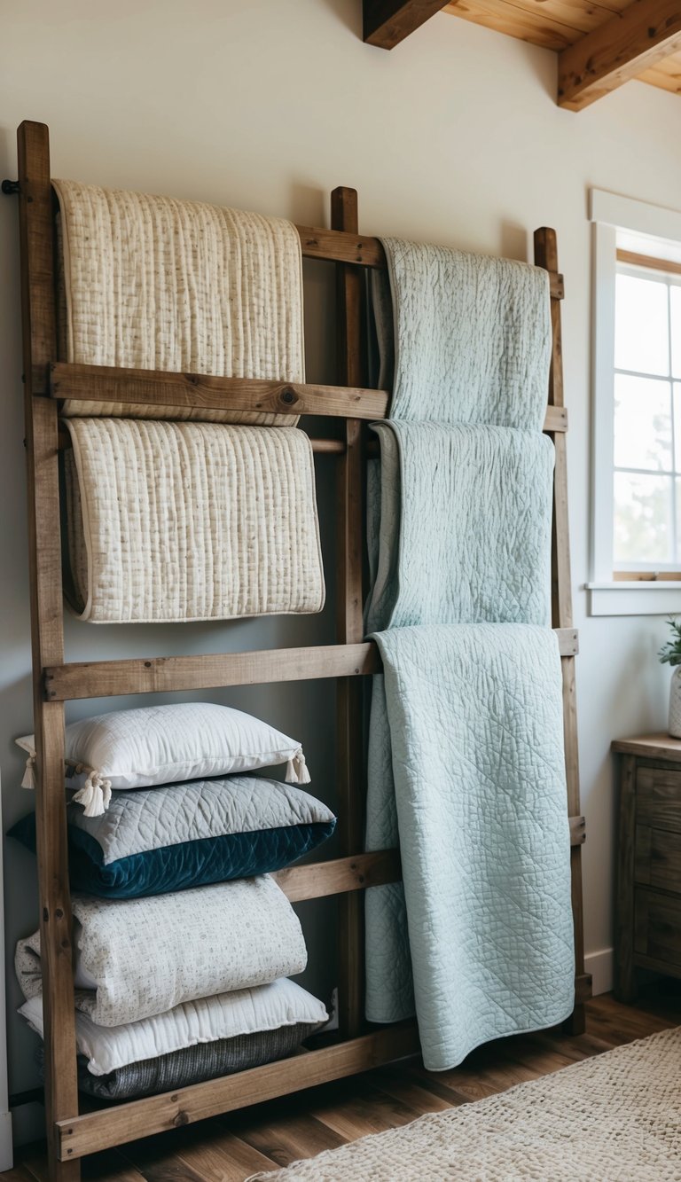 A distressed wood quilt rack in a rustic farmhouse bedroom, adorned with 22 cozy bedding ideas