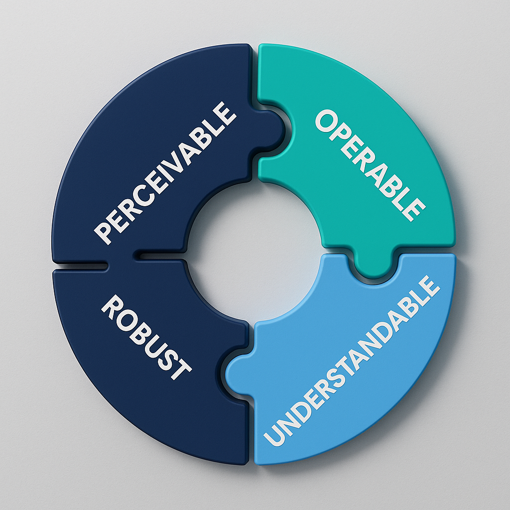 This image shows a circular puzzle graphic made of four interlocking pieces labeled with the core principles of digital accessibility: Perceivable, Operable, Understandable, and Robust. Each segment is a different color, symbolizing how these components fit together to form a complete and accessible digital experience.