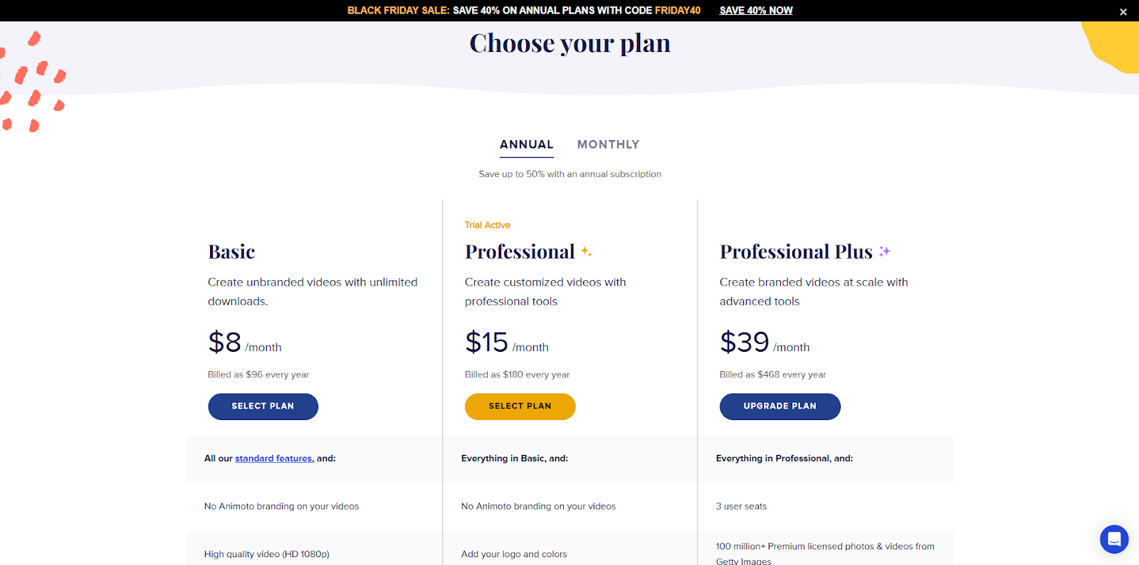 Animoto pricing plans showcasing Basic at $8/month, Professional at $15/month, and Professional Plus at $39/month.