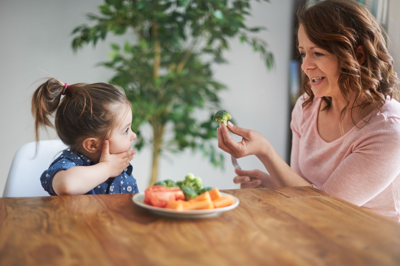 Woman showing broccoli to a child