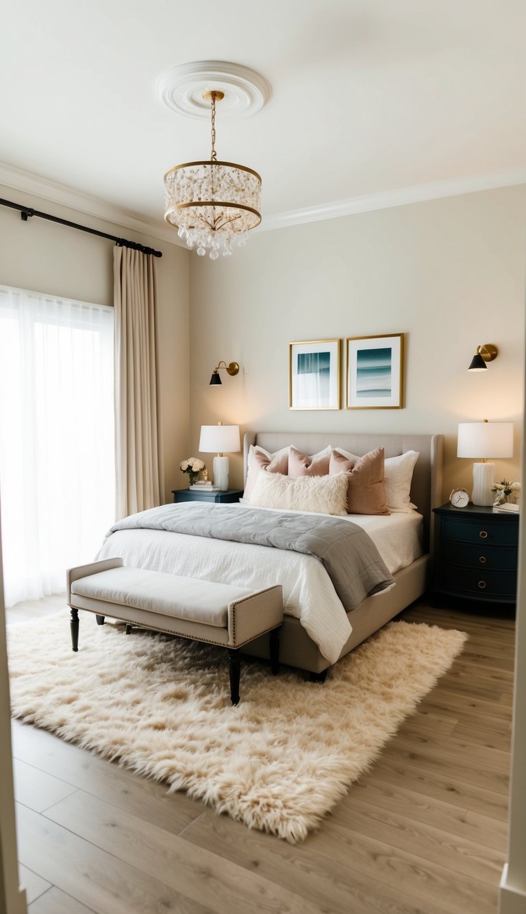 A cozy master bedroom with a fluffy area rug, soft lighting, and elegant decor for a couple