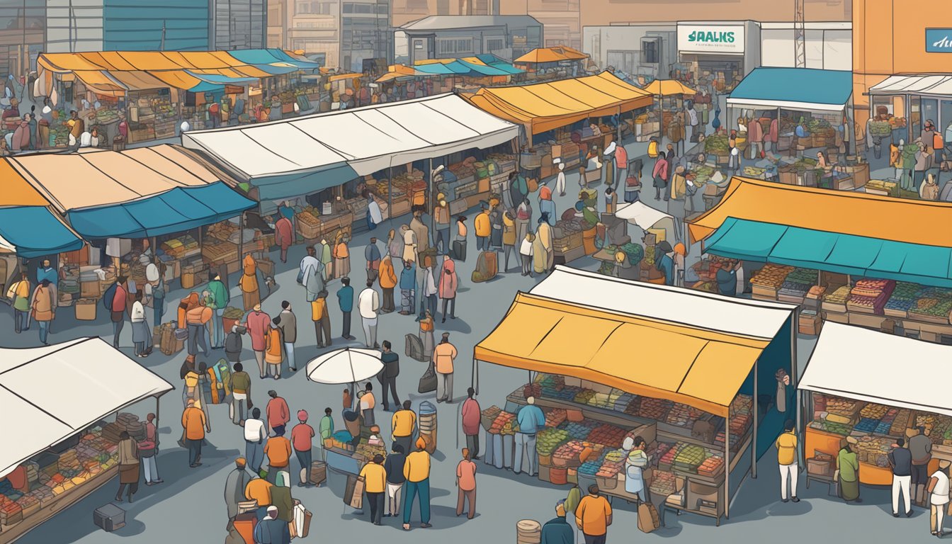 A crowded marketplace with vendors selling goods, while a large company logo looms in the background