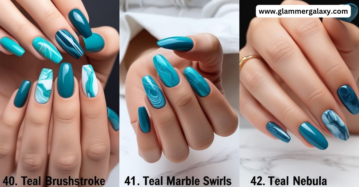 Three images showcasing teal nail art designs labeled 40, 41, and 42 with brushstroke, marble, and nebula patterns.