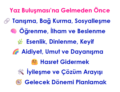 Görsel Betimleme: Görselde katılımcıların Yaz Buluşması’na gelmeden önceki beklentilerinin ortaklaştığı temaların isimleri yer alıyor. Bu temalar: Tanışma, Bağ Kurma, Sosyalleşme, Öğrenme, İlham ve Beslenme, Esenlik, Dinlenme, Keyif, Aidiyet, Umut ve Dayanışma, Hasret Gidermek, İyileşme ve Çözüm Arayışı,  Gelecek Dönemi Planlamak.