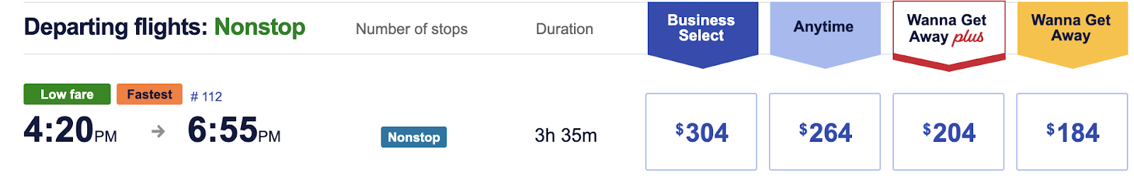 selecting a flight on Southwest 