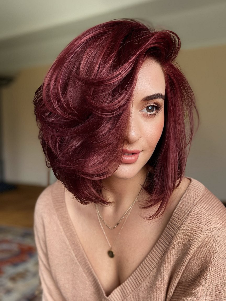 10. Rich Burgundy Layered Bob