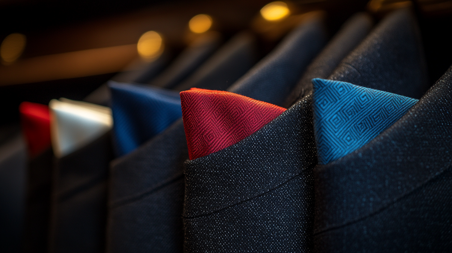 
A black suit paired with different pocket squares displayed in a sophisticated setting. One suit features a classic white pocket square folded crisply for an elegant look. Another showcases a bold red pocket square with a sleek fold, while a third displays a deep blue pocket square adding a striking contrast. The suits are tailored and modern, with soft lighting enhancing the rich textures and vibrant colors of the pocket squares, creating a timeless and versatile aesthetic