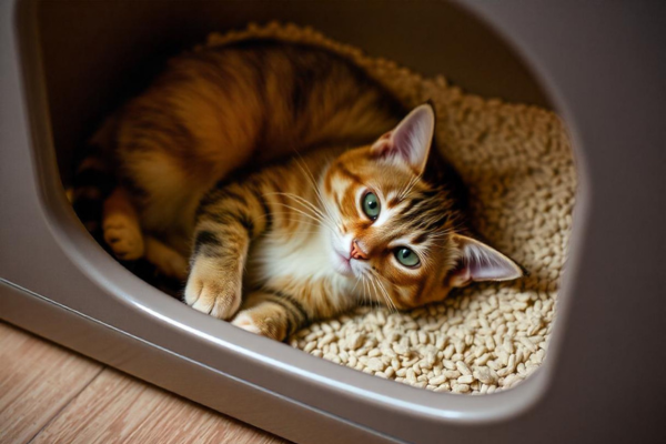 Why is my cat laying in litter box? Cats lay in their litter box for several reasons. They might be seeking relief from medical issues like urinary tract infection or constipation that affects the frequency of their urination and elimination.