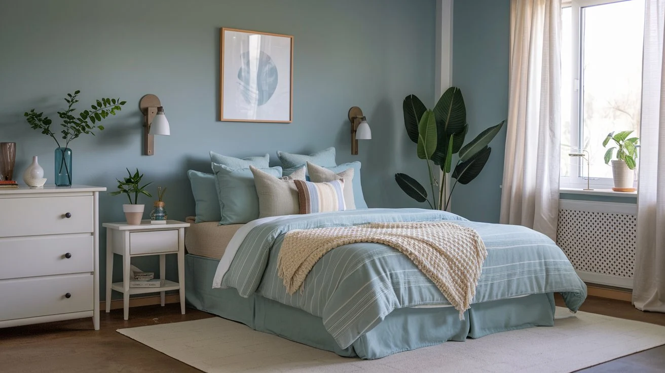 A peaceful bedroom setup with calming colors, featuring a comfortable mattress, soft pillows, and a relaxing ambiance.